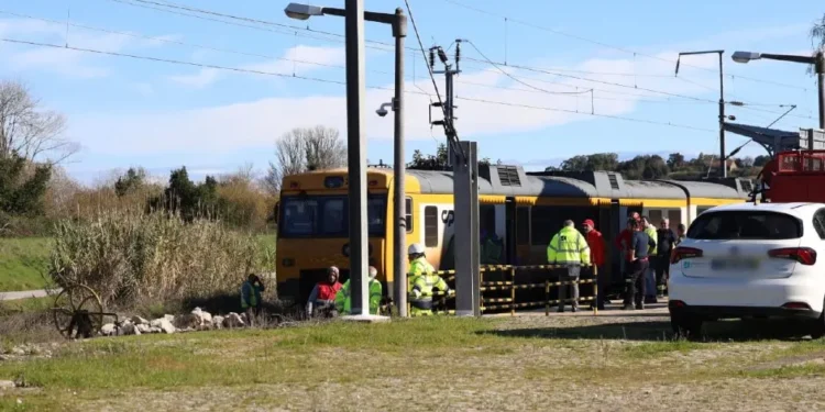 Un treno giallo è fermo a un passaggio a livello, dove alcuni operai in giubbotto catarifrangente si riuniscono vicino ai binari. Un'auto bianca è parcheggiata sulla ghiaia sotto un cielo assolato, che ricorda episodi come quando un treno investe gregge pecore.