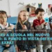 Quattro giovani figli di expat siedono in un'aula, con sguardo attento. Il testo in italiano illustra la prospettiva dei bambini espatriati che frequentano la scuola in un nuovo Paese, con un'intestazione a colonna psicologica e un logo nell'angolo.