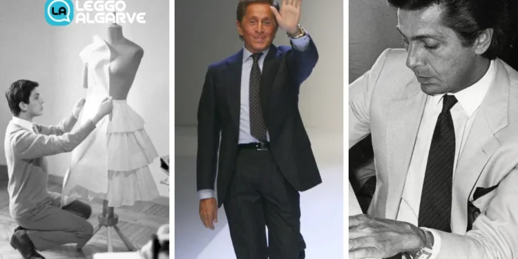 Tre momenti della vita di Valentino Garavani, uno mentre cuce un abito su un manichino di donna, al centro mentre saluta dalla passerella in Portogallo e a sinistra mentre disegna. Sempre veste in abito elegante come la moda del suo atelier.