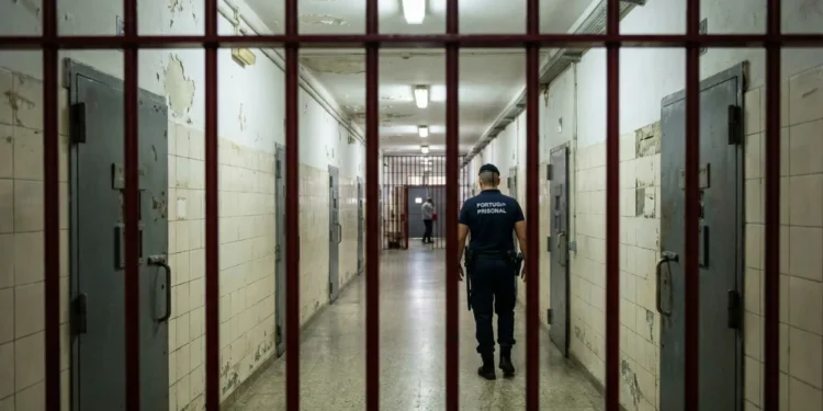 Un corridoio del carcere con la vernice scrostata e le porte delle celle chiuse, visto attraverso le sbarre rosse, riflette le condizioni disumane delle carceri portoghesi. Sono visibili due agenti in uniforme, uno che si allontana, l'altro in piedi più avanti nel corridoio.