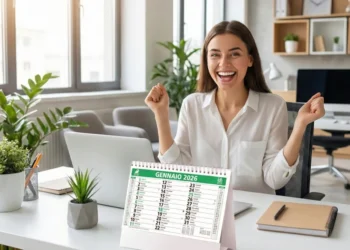 Una donna sorridente siede a una scrivania con un computer portatile e delle piante, alzando i pugni in segno di eccitazione, davanti a lei è visibile un calendario aperto fino a gennaio 2026, con la scritta festività ponti 2026 in Portogallo. Lo spazio dell'ufficio è luminoso e organizzato.