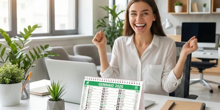 Una donna sorridente siede a una scrivania con un computer portatile e delle piante, alzando i pugni in segno di eccitazione, davanti a lei è visibile un calendario aperto fino a gennaio 2026, con la scritta festività ponti 2026 in Portogallo. Lo spazio dell'ufficio è luminoso e organizzato.