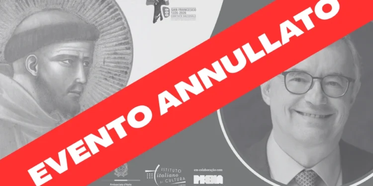 La locandina dell'evento annullato a Lisbona con Alessandro Barbero e la presentazione del libro San Francesco.