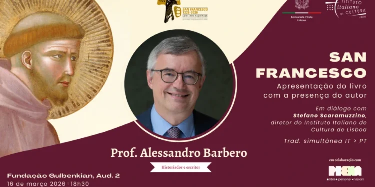 La locandina dell'evento a Lisbona con Alessandro Barbero e la presentazione del libro San Francesco.