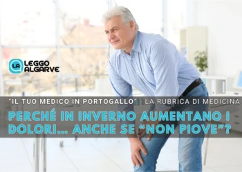 Un uomo in camicia e jeans è piegato e si tocca il ginocchio a seguito di dolori articolari che vengono in inverno. Una scritta spiega che si tratta di una cover ad un articolo del dott. Giovanni Cerullo.