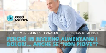 Un uomo in camicia e jeans è piegato e si tocca il ginocchio a seguito di dolori articolari che vengono in inverno. Una scritta spiega che si tratta di una cover ad un articolo del dott. Giovanni Cerullo.