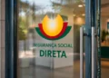 Porta in vetro con il logo e il testo "Segurança Social Direta" in portoghese, caratterizzato da una grafica gialla, rossa e verde. Lo sfondo rivela un interno di ufficio moderno sfocato, che evidenzia la modalità di accesso al sito Seguranca social.
