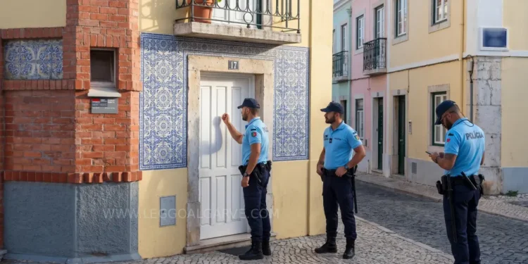Immagine generata con tre poliziotti in una via a Lisbona mentre bussano alla porta di un affittacamere per verificarne la regolarità ed evitare una truffa.