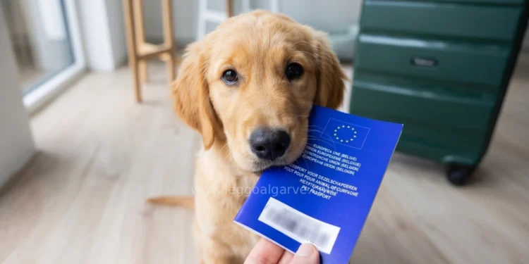 Un cucciolo di Labrador ha in bocca un libretto azzurro che consente di viaggiare con animali all'interno dell'Europa, sullo sfondo una valigia. Siamo all'interno di un appartamento.